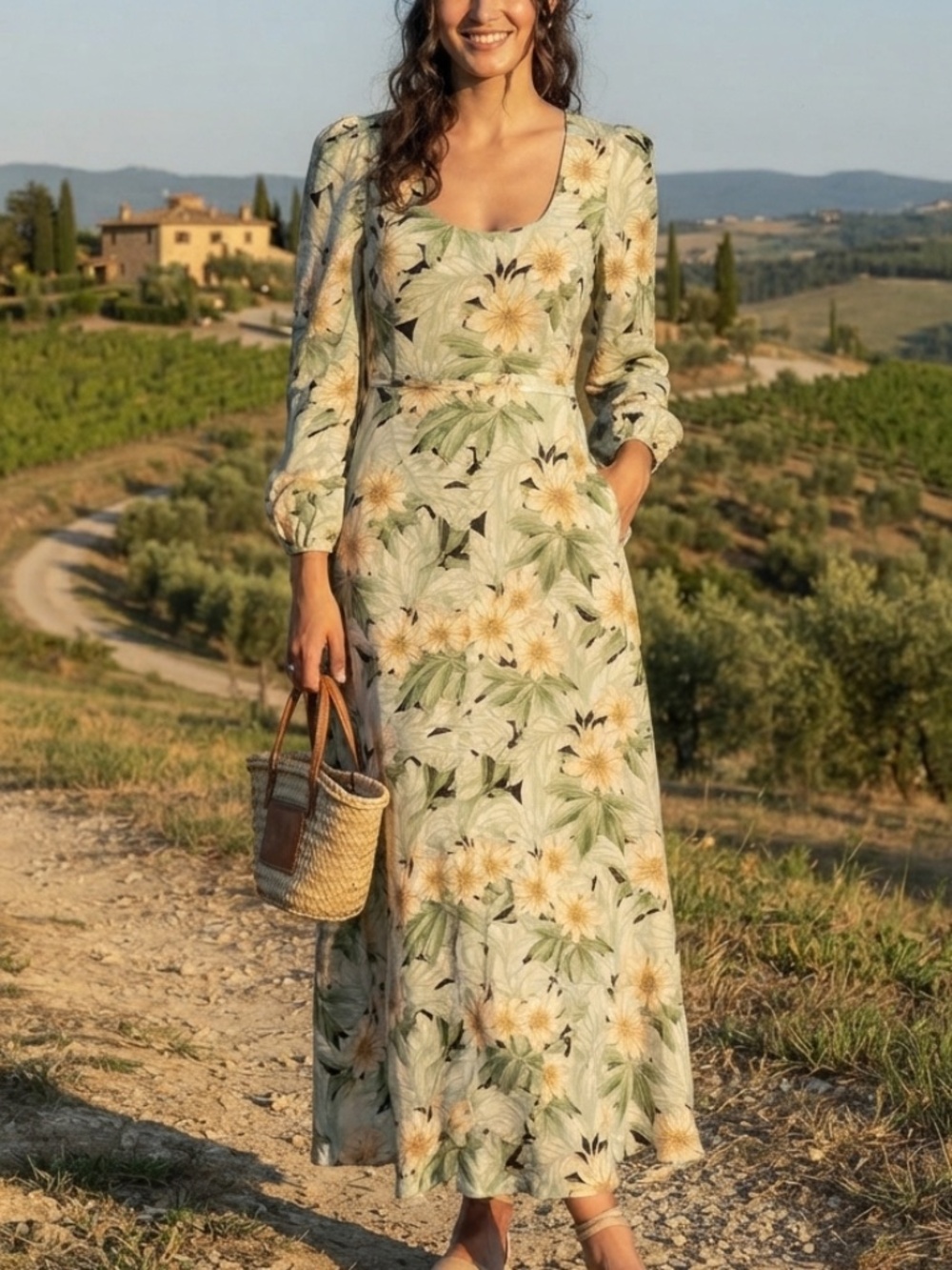 Tuckernuck M Green Floral Linen Cotton Maison Des Fleurs Long Sleeve Midi Dress